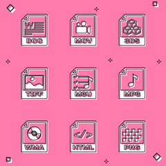 Set DOC file document, MOV, 3DS, TIFF, M3U and MP3 icon. Vector