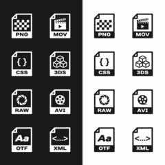 Set 3DS file document, CSS, PNG, MOV, RAW and AVI icon. Vector