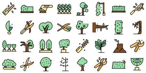 Tree trimming icons set outline vector. Tree woodcutter. Work thin line color flat isolated on white