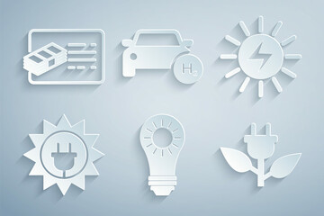 Set Solar energy panel, Electric saving plug in leaf, Hydrogen car and Financial document icon. Vector