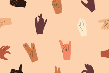 Seamless pattern with hands diverse skin color. Symbol of race equality, diversity, tolerance. Hand gestures with different skin color tolerance and anti racism concept. Hand drawn vector illustration