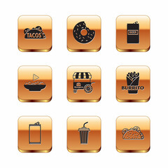 Set Taco with tortilla, Aluminum can, Glass water, Fast street food cart, Nachos plate, Beer, and Donut icon. Vector