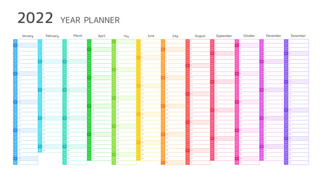 Year planner, 2022 calendar with monthly vertical grid in rainbow colors. Template planner for schedule, events and holidays. Vector business organizer, calender grid