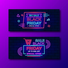 neon black friday banners set vector design illustration