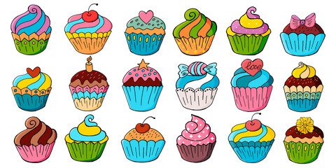 Big Set of icons of cupcakes, muffins in hand draw style. Collection of vector illustrations. Sweet pastries, cute