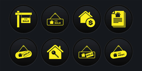 Set Hanging sign with Sold, House contract, key, dollar, For Sale, Rent and icon. Vector