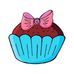 Cupcake icon with bow, muffin in hand draw style. Vector illustration. Sweet pastries, cute muffin. Sign, icon, sticker