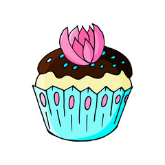 Cupcake icon with flower, muffin in hand draw style. Vector illustration. Sweet pastries, cute muffin. Sign, icon