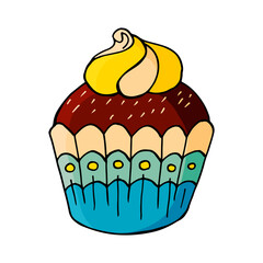 Cupcake icon with marshmallow, muffin in hand draw style. Vector illustration. Sweet pastries, cute muffin. Sign, icon