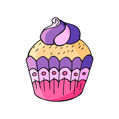 Cupcake icon with marshmallow, muffin in hand draw style. Vector illustration. Sweet pastries, cute muffin. Sign