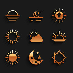 Set Sun and cloud weather, Moon stars, Sunset, and icon. Vector