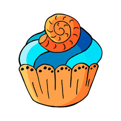Cupcake icon with seashell, muffin in hand draw style. Vector illustration. Sweet pastries, cute muffin. Sign, icon