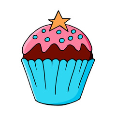 Cupcake icon with star, muffin in hand draw style. Vector illustration. Sweet pastries, cute muffin. Sign, icon, sticker