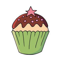 Cupcake icon with star, muffin in hand draw style. Vector illustration. Sweet pastries, cute muffin. Sign, icon