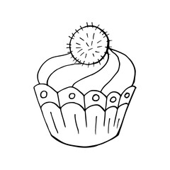 Cupcake linear icon with flower, muffin in hand draw style. Vector illustration. Outline drawing, coloring book. Sign
