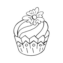 Cupcake linear icon with flower, muffin in hand draw style. Vector illustration. Outline drawing, coloring book
