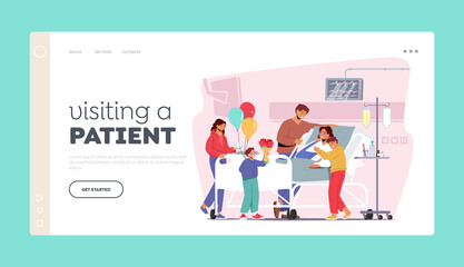 Visiting a Patient Landing Page Template. Family Characters Visit Mother in Hospital. Woman with Broken Arm Lying on Bed
