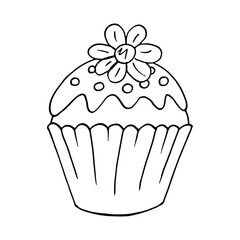 Cupcake linear icon with flower, muffin in hand draw style. Vector illustration. Outline drawing, coloring