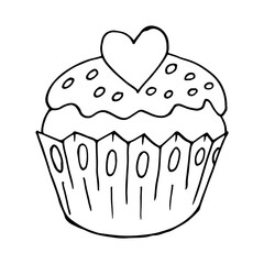Cupcake linear icon with heart, muffin in hand draw style. Vector illustration. Outline drawing, coloring book. Sign