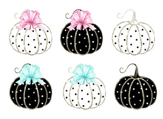 Black and White pumpkins isolated on white background.Watercolor illustration.