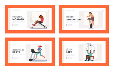 People Fitness Training in Gym Landing Page Template Set. Characters Exercising with Professional Equipment, Workout