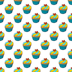Cute muffins, cupcakes. Seamless pattern with sweet pastries. Vector illustration. Texture for fabric