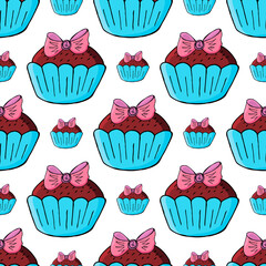 Cute muffins, cupcakes. Seamless pattern with sweet pastries. Vector illustration. Texture