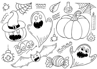 Collection of vector illustrations for Halloween design. Sign, sticker, pin