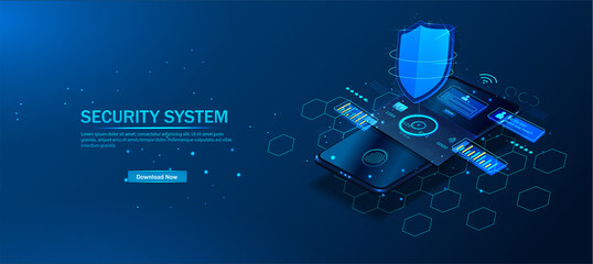 Isometric vector illustration of mobile data security. The concept of an online payment protection system with a smartphone and a credit card. A smart application protects your smartphone. Vector
