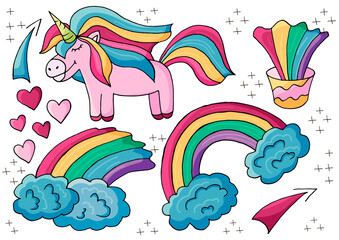 Set of unicorn design elements in hand draw style. Girly fairy collection © bubushonok