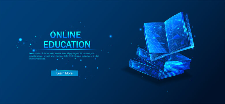 Digital Vector illustration. Low poly wireframe online education blue background or concept with opened book. Online reading or courses. Digital Classroom Online Education.