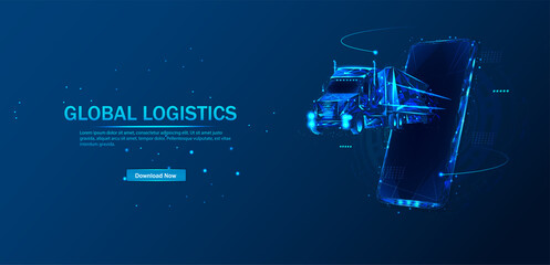Logistics and distribution vector color wireframe mesh. Logistics low poly art illustration.Vehicle, transport delivery, cargo logistics concept. Freight transport, international delivery. Vector