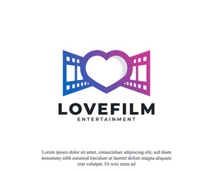 Love Movie Icon. Cinema Film Reel and Filmstrip with Heart Shape Logo Vector Design Element
