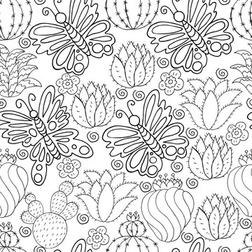 Seamless botanical illustration. Tropical pattern of different cacti, aloe