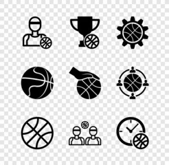Set Basketball player, Award cup with basketball, Planning strategy concept, players, Clock, and Hand icon. Vector