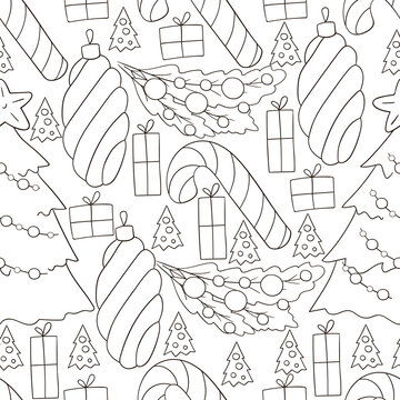 Seamless vector pattern. Christmas tree decorations. Pattern in hand draw style