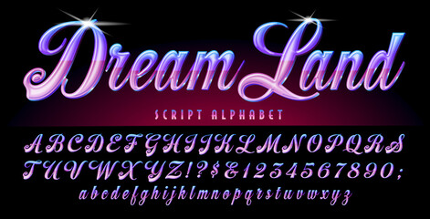 Dream Land is a lyrical script in violet and purple tones. This font has metallic shiny gradient effects and highlights. Good for magic, wizardry, sorcery and fantasy themes, or fashion branding. © Mysterylab