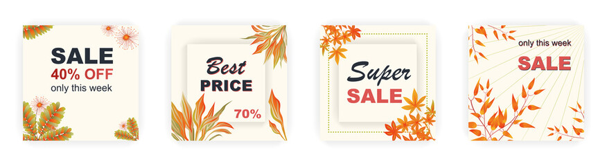 Fototapeta na wymiar Modern autumn square sale poster templates with floral and geometric pattern. Suitable for social media posts, poster, mobile apps, banners design and web ads, vector backgrounds, promotion materials.