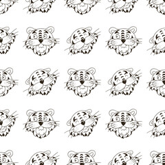 Coloring Seamless vector pattern with tigers faces. Pattern in hand draw style. New Year's holidays 2022