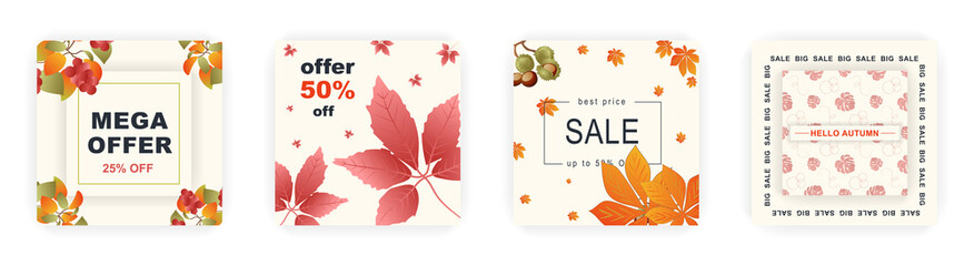 Fototapeta premium Modern autumn square sale poster templates with floral and geometric pattern. Suitable for social media posts, poster, mobile apps, banners design and web ads, vector backgrounds, promotion materials.