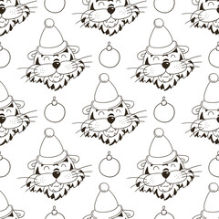 Coloring Seamless vector pattern with tigers faces. Pattern in hand draw style. New Year's holidays 2022