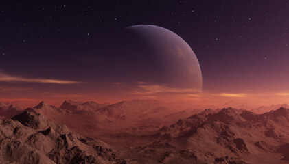 3d rendered Space Art: Alien Planet - A Fantasy frozen landscape with planets and blue skies