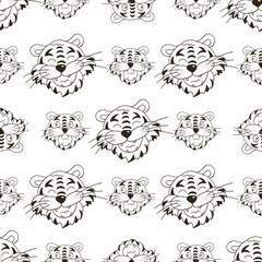 Coloring Seamless vector pattern with tigers faces. Pattern in hand draw style. New Year's holidays 2022