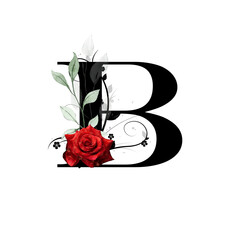 Floral monogram, letter B - decorated with red rose and watercolor leaves