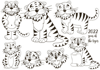 Fototapeta na wymiar Set of tigers in hand draw style. Symbol of 2022. Collection Coloring illustrations