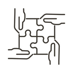 4 hands connecting four puzzle pieces into a full square. Vector thin line icon for concepts of business strategy, teamwork, success, goals