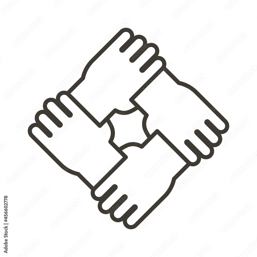 Wall mural stylized icon design with 4 hands holding together. thin line minimal illustration for different con
