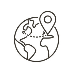 Globe with gps pin mark. Vector thin line icon for global transporation system, worldwide delivery, online internet shop service