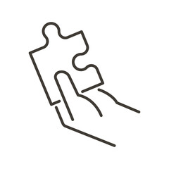 Hand with puzzle piece. Vector thin line icon for concepts of problem solutions, business, creativity and cooperation