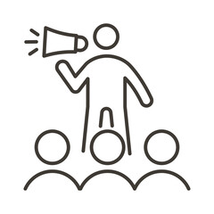 Man with megaphone communicating to a crowd of people. Vector thin line icon for presentations, promotions, teamwork, leadership